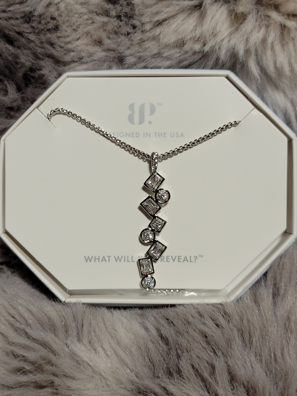 Silver Geometric Drop Necklace with Cubic Stones